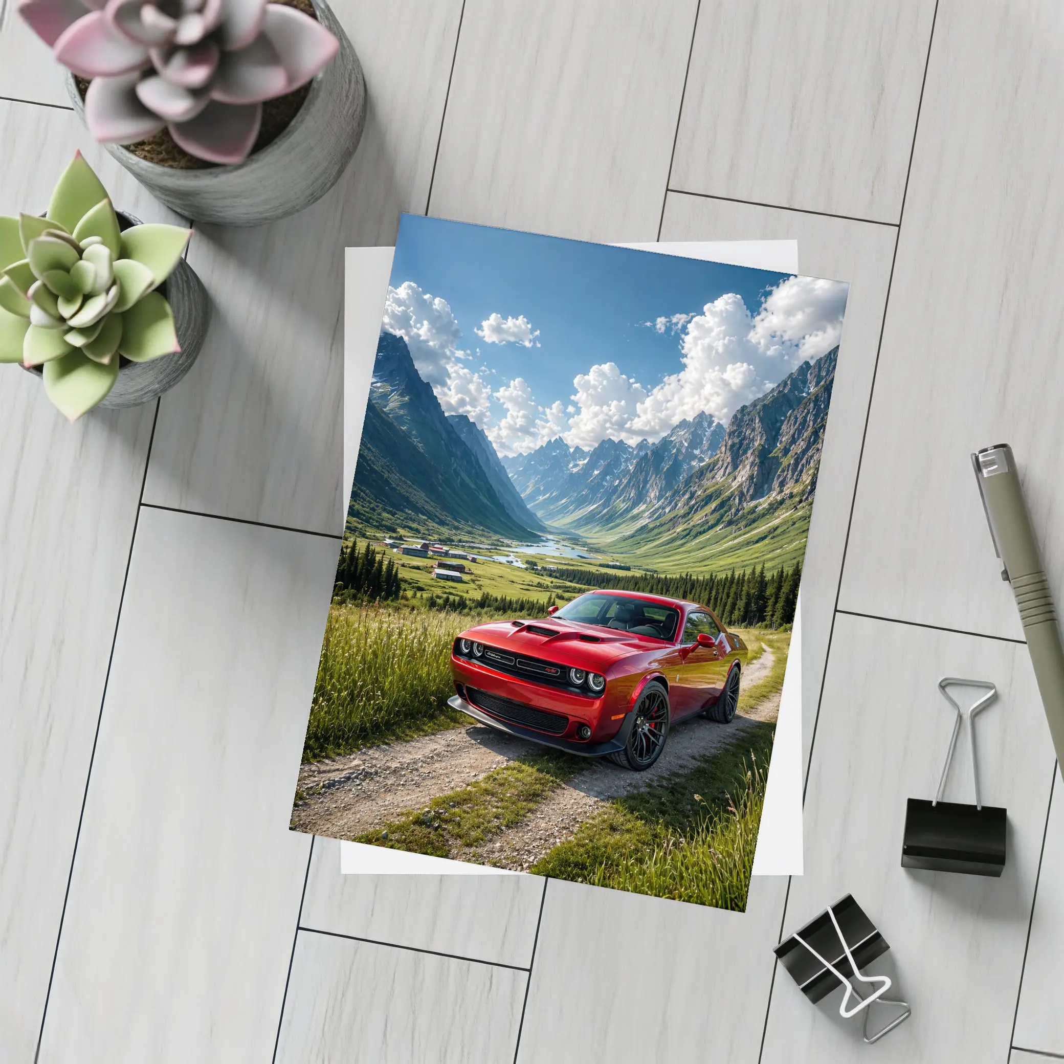 Red Dodge Challenger Parked In Mountain Valley – Postcards