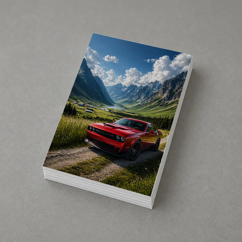 Red Dodge Challenger Parked In Mountain Valley – Postcards
