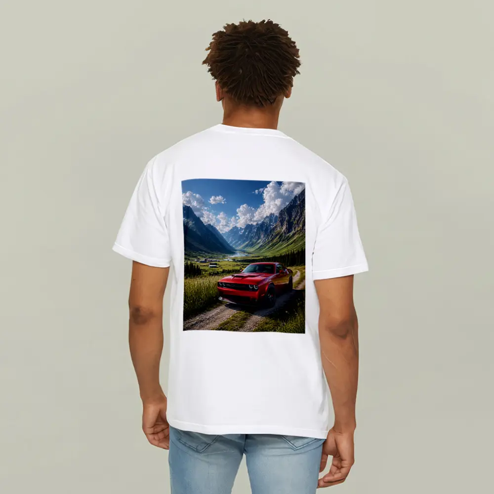 Red Dodge Challenger Parked In Mountain Valley – T-Shirts