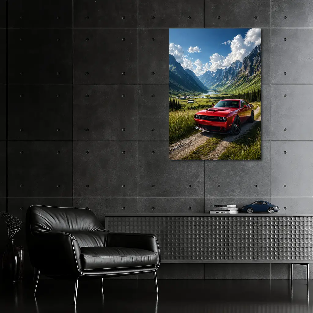 Red Dodge Challenger Parked In Mountain Valley – Wall Art