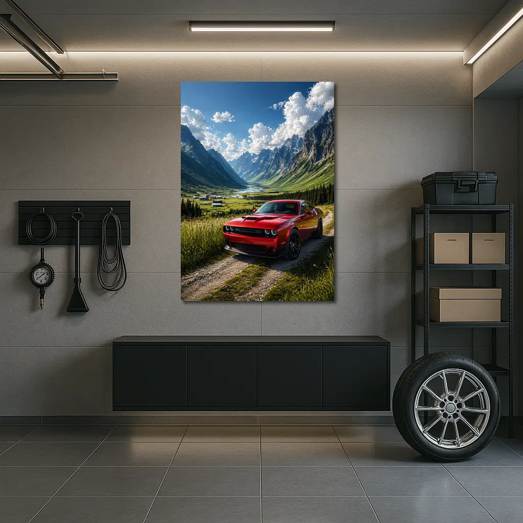 Red Dodge Challenger Parked In Mountain Valley – Wall Art