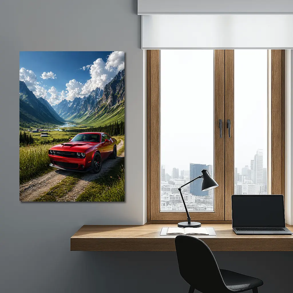 Red Dodge Challenger Parked In Mountain Valley – Wall Art