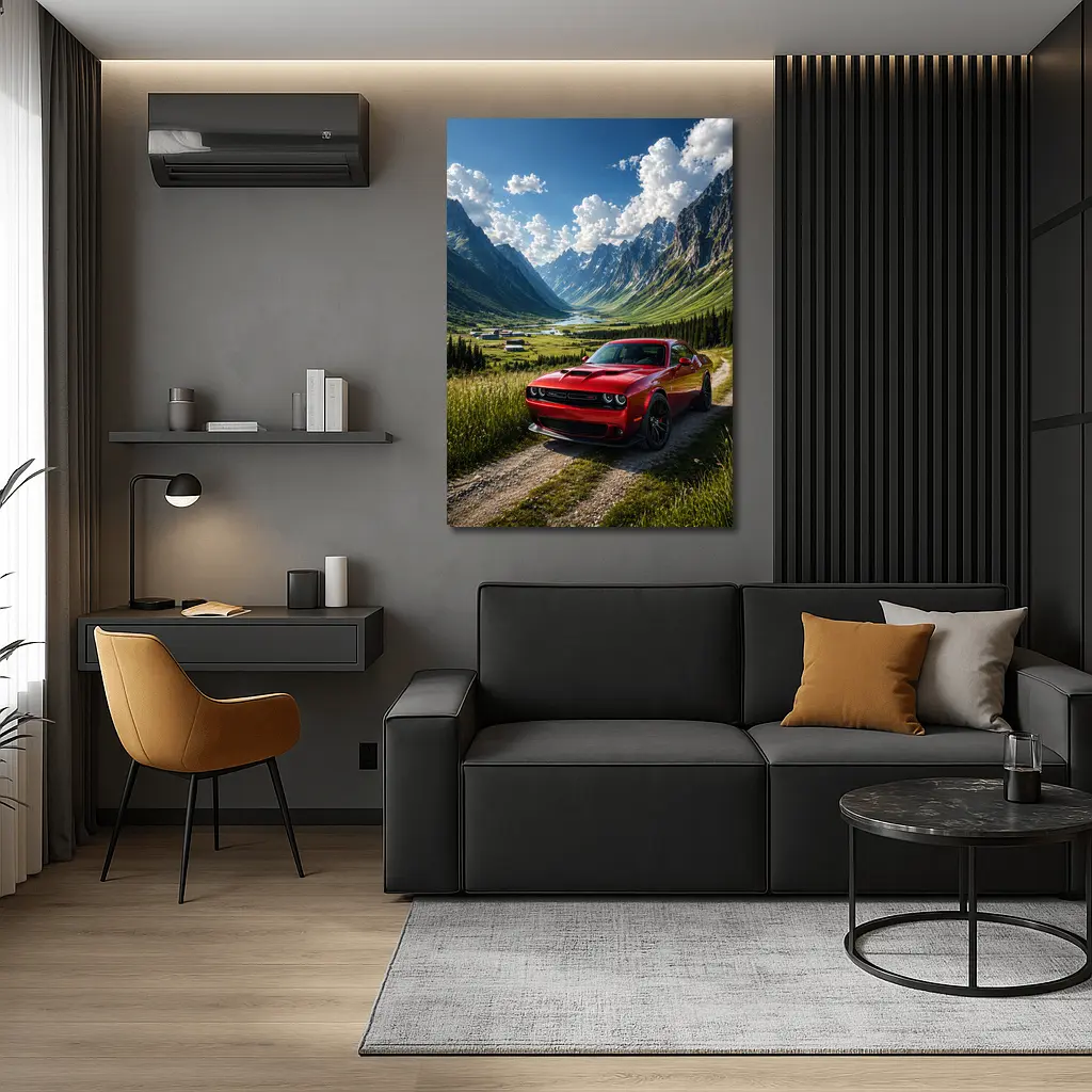 Red Dodge Challenger Parked In Mountain Valley – Wall Art