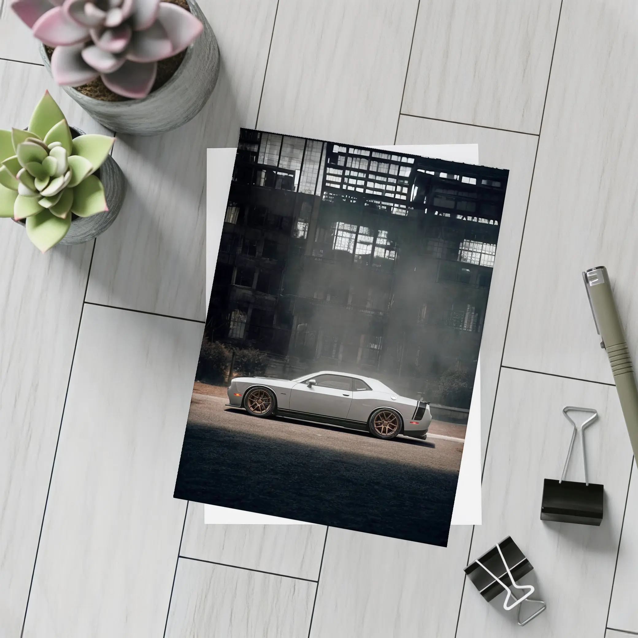 Dodge Challenger Gray Muscle Car Abandoned City – Postcards