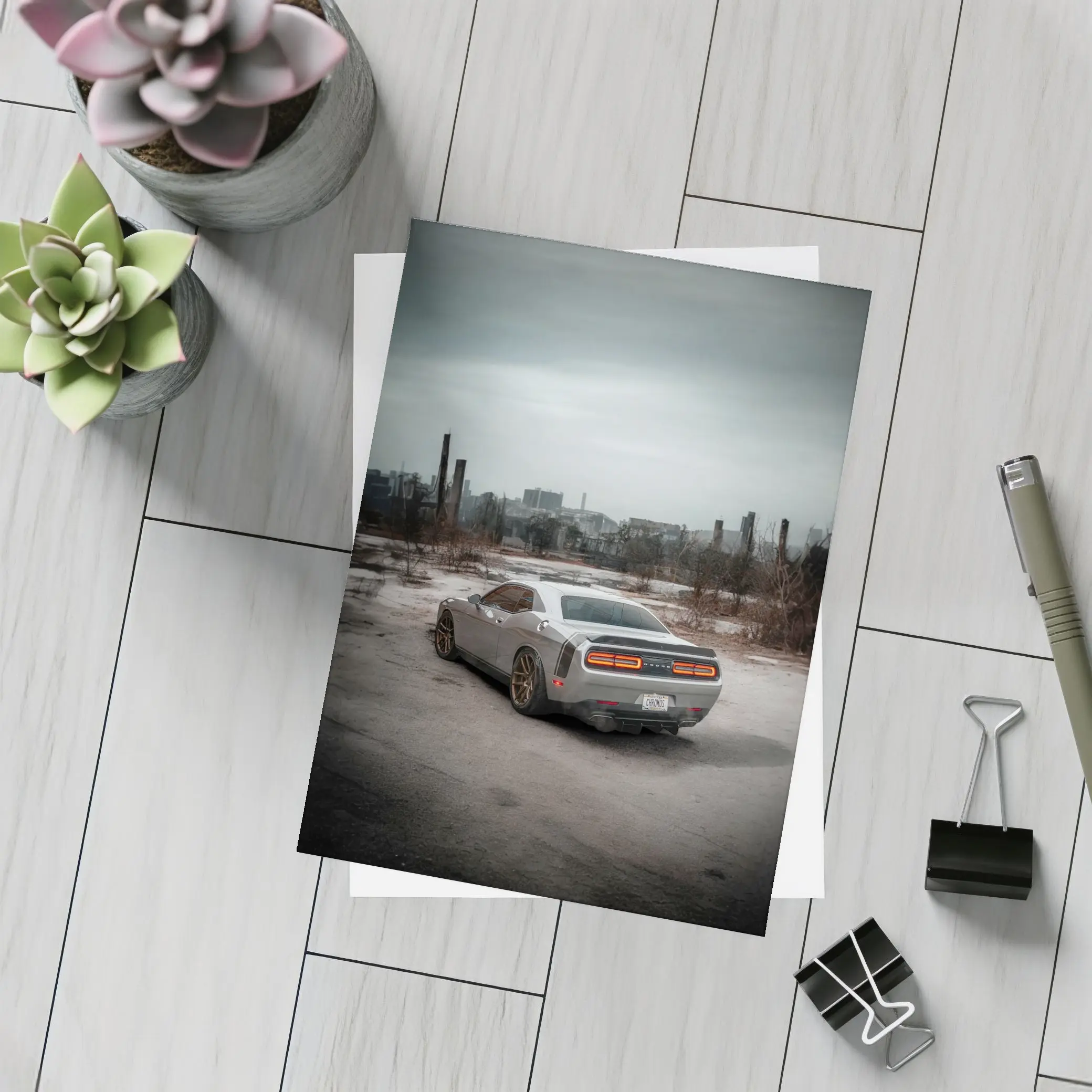 Dodge Challenger Gray Muscle Car Abandoned City – Postcards