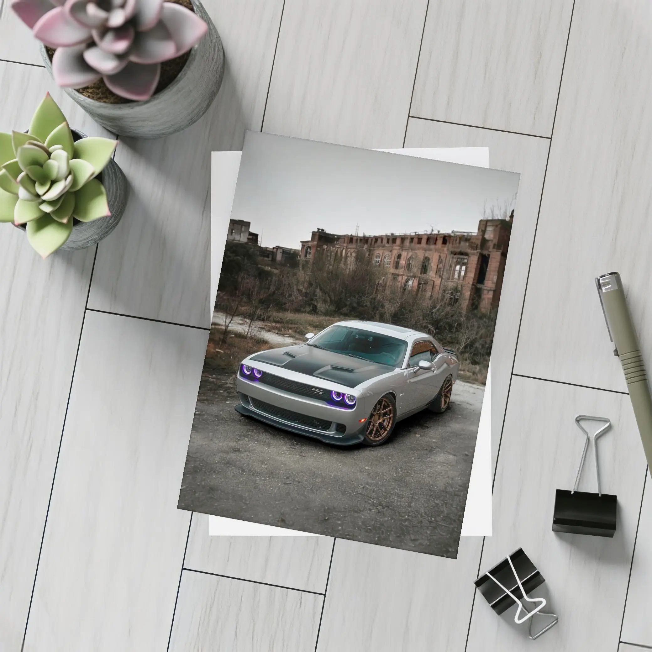 Dodge Challenger Silver Muscle Car Abandoned City – Postcards