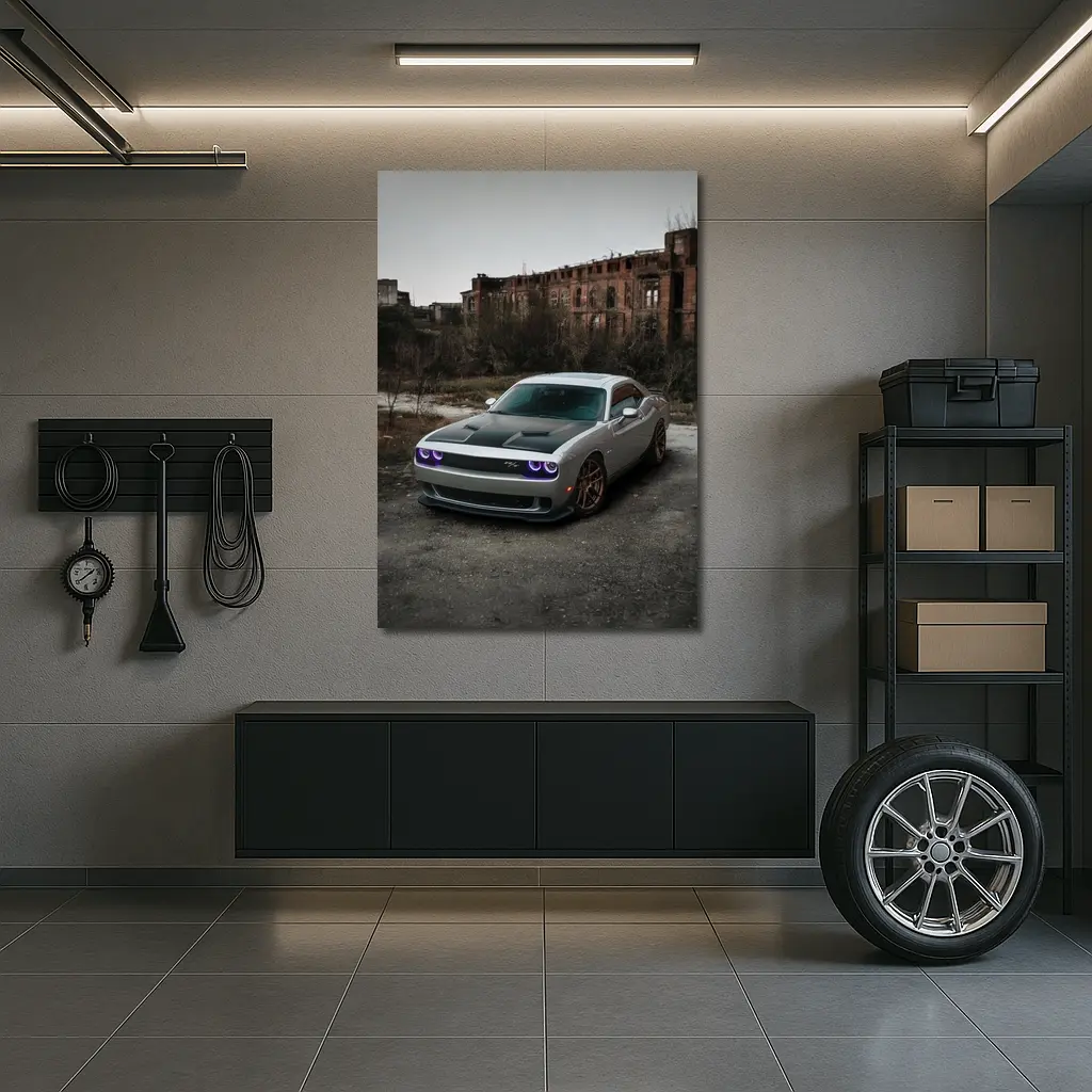Dodge Challenger Silver Muscle Car Abandoned City – Wall Art