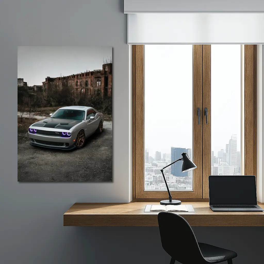 Dodge Challenger Silver Muscle Car Abandoned City – Wall Art