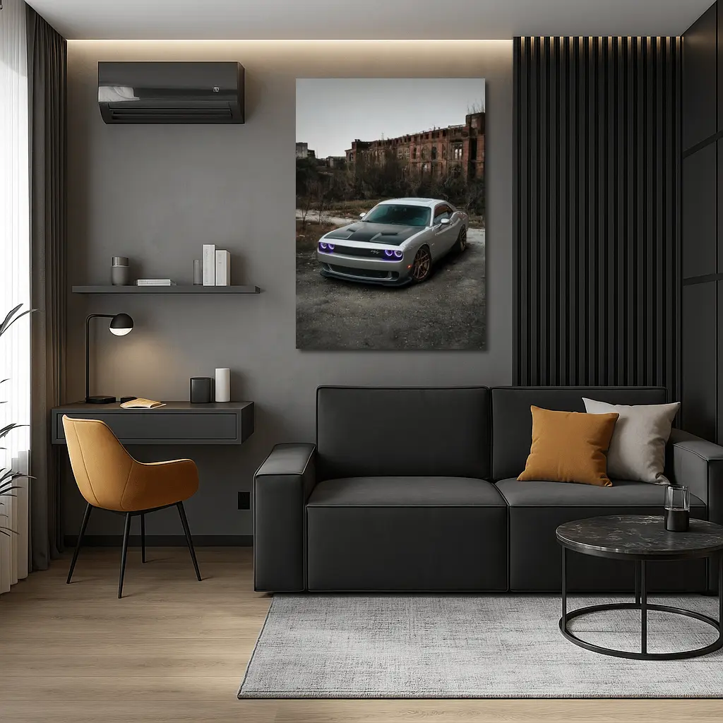 Dodge Challenger Silver Muscle Car Abandoned City – Wall Art