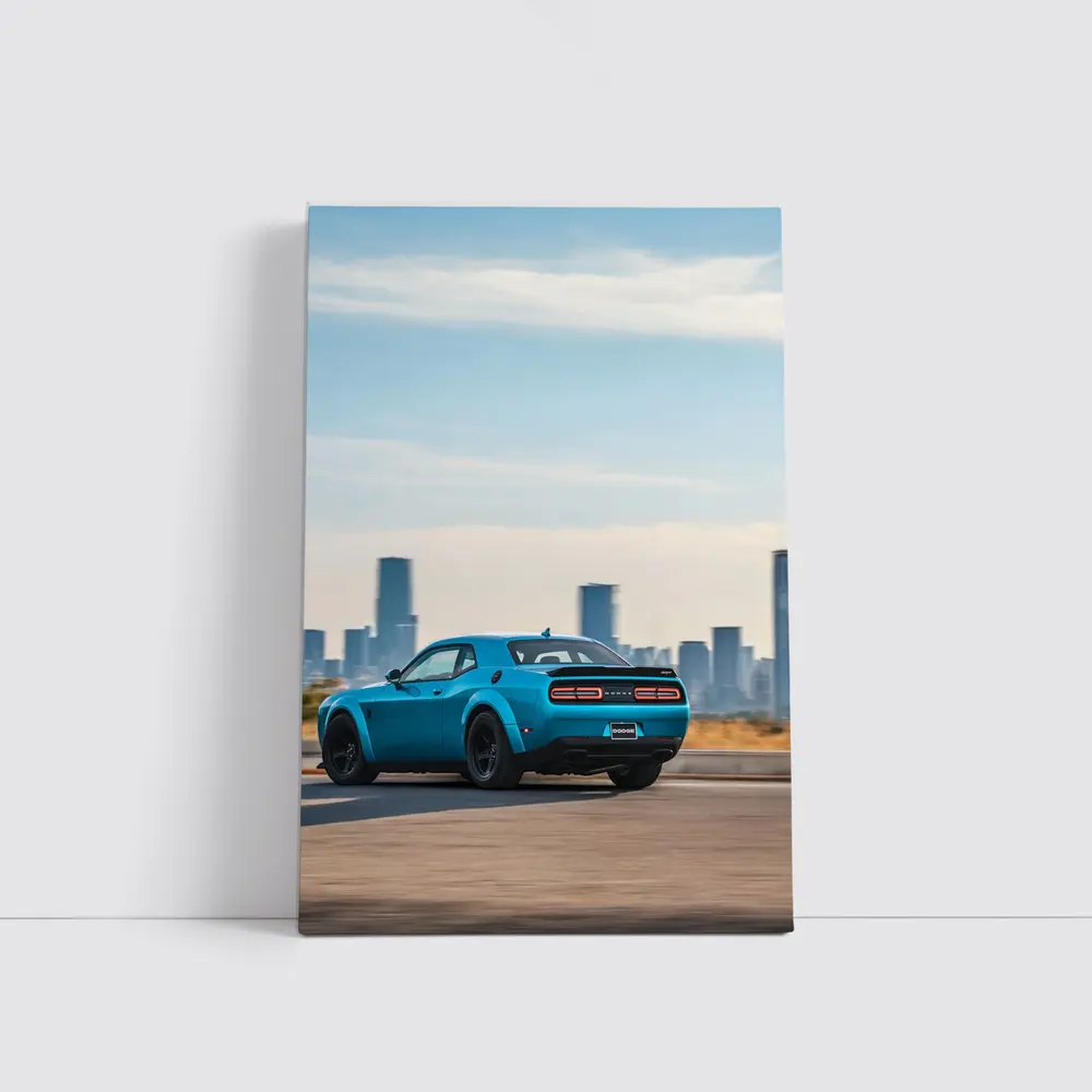 Dodge Challenger Blue Muscle Car City Skyline – Wall Art