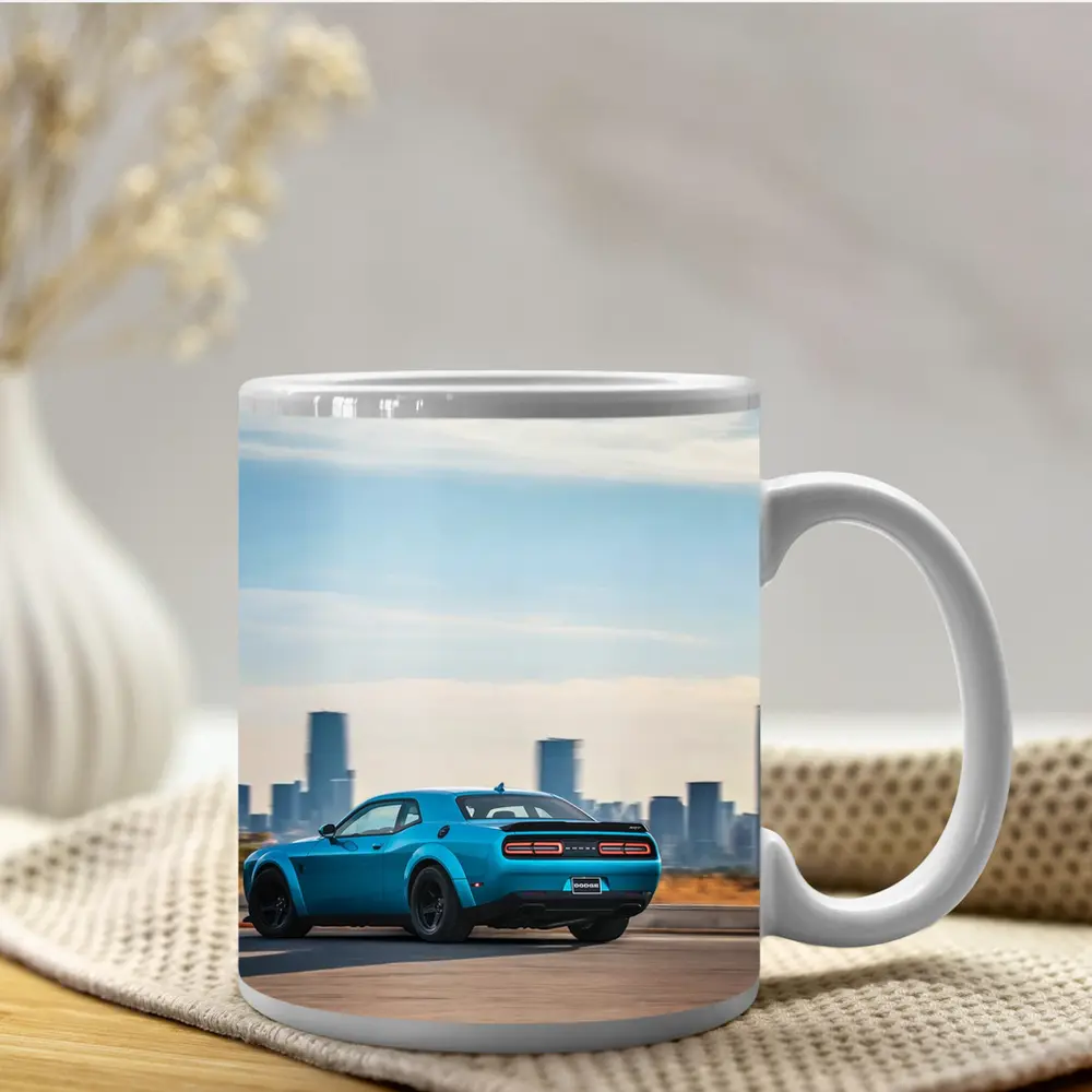 Dodge Challenger Blue Muscle Car City Skyline – Mugs