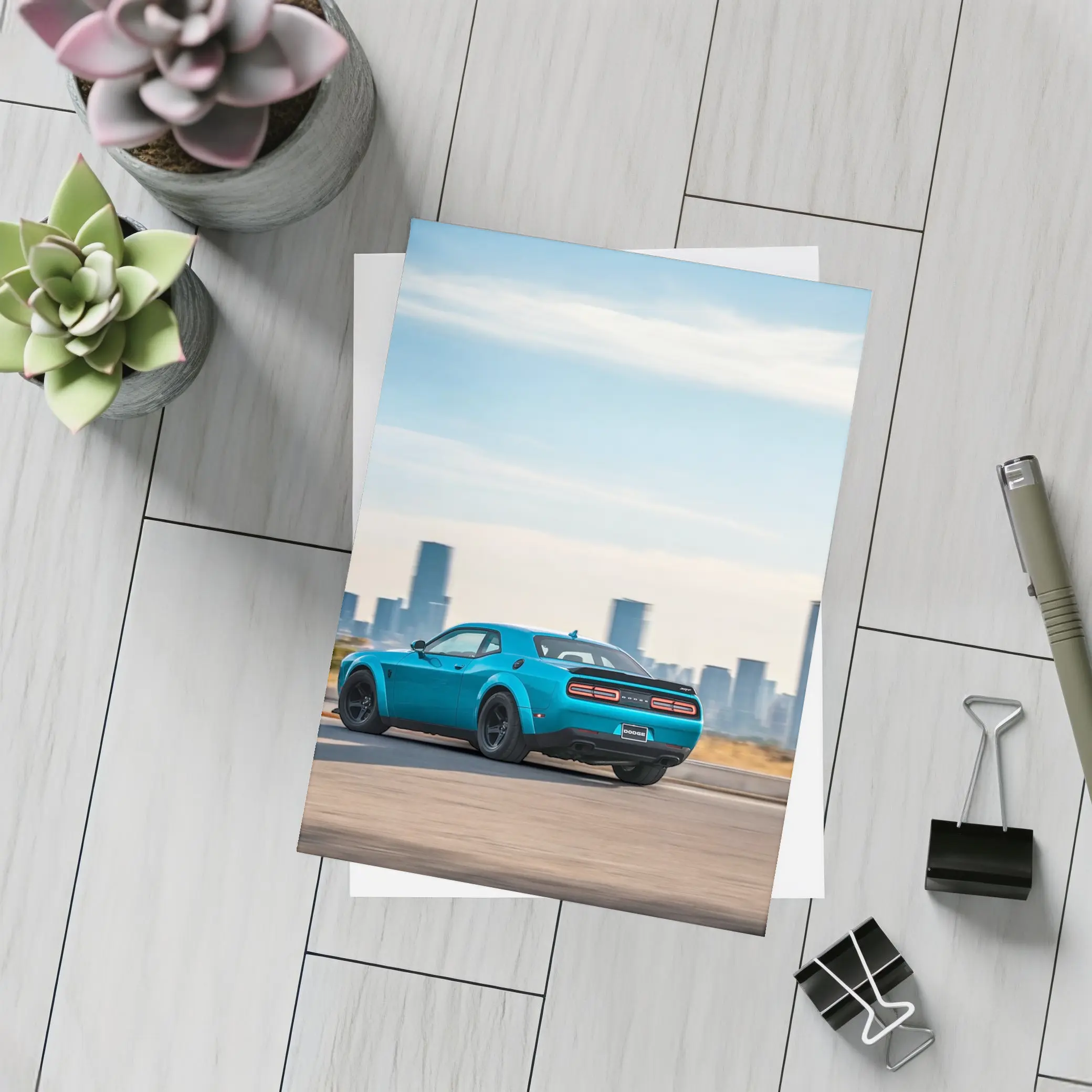 Dodge Challenger Blue Muscle Car City Skyline – Postcards