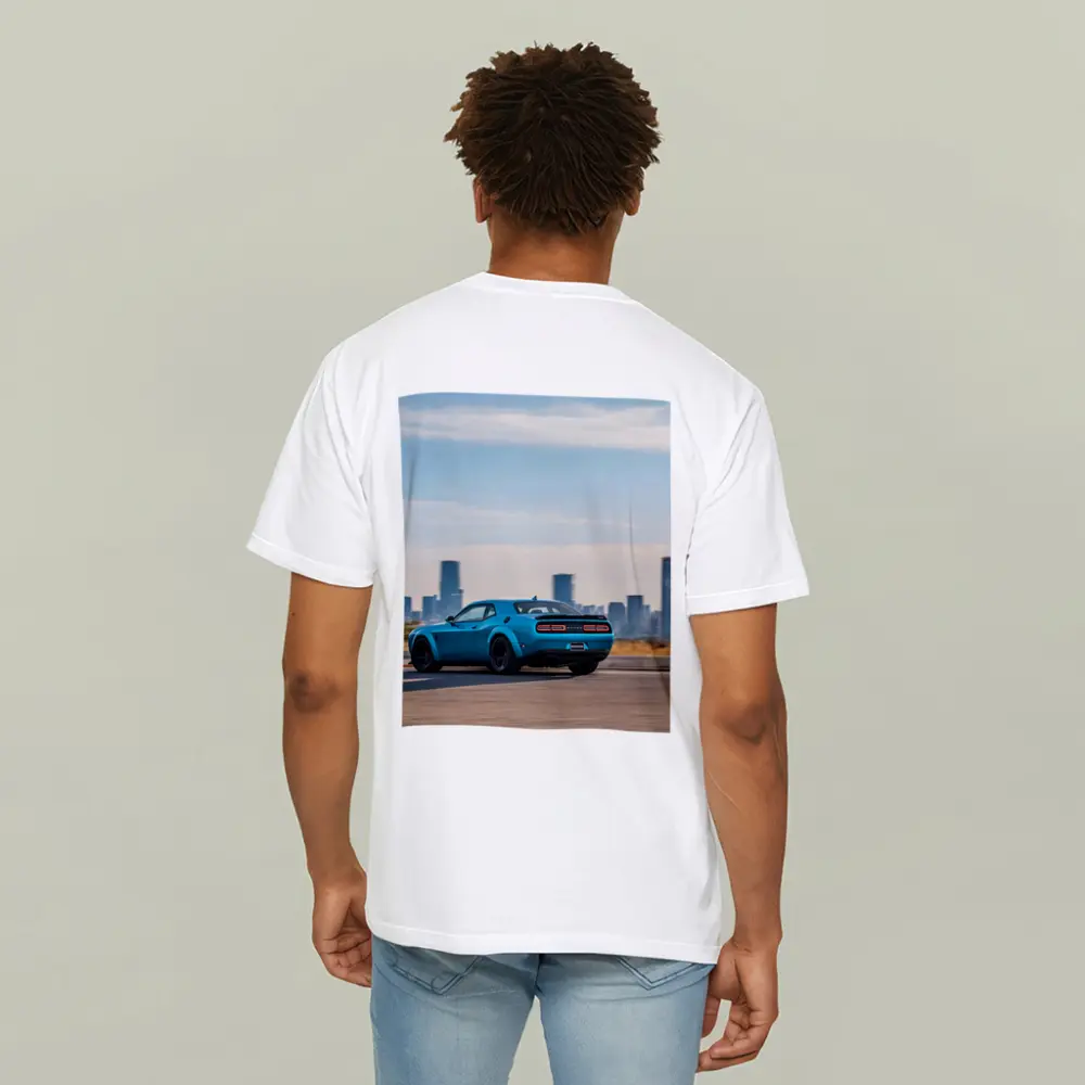 Dodge Challenger Blue Muscle Car City Skyline – T-Shirts