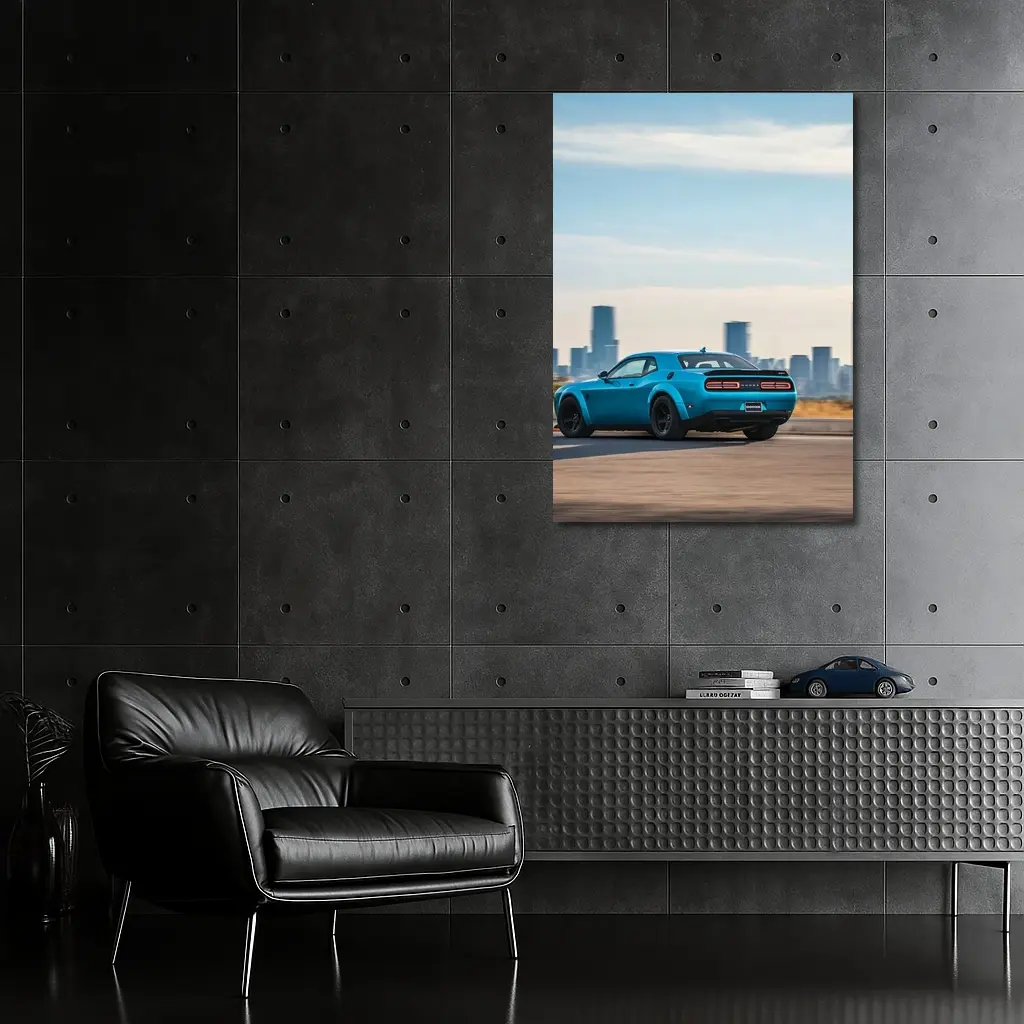 Dodge Challenger Blue Muscle Car City Skyline – Wall Art