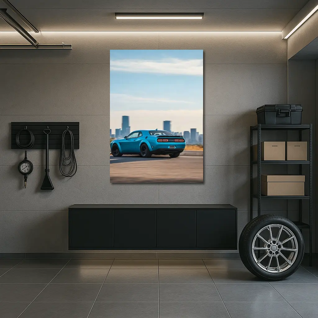 Dodge Challenger Blue Muscle Car City Skyline – Wall Art