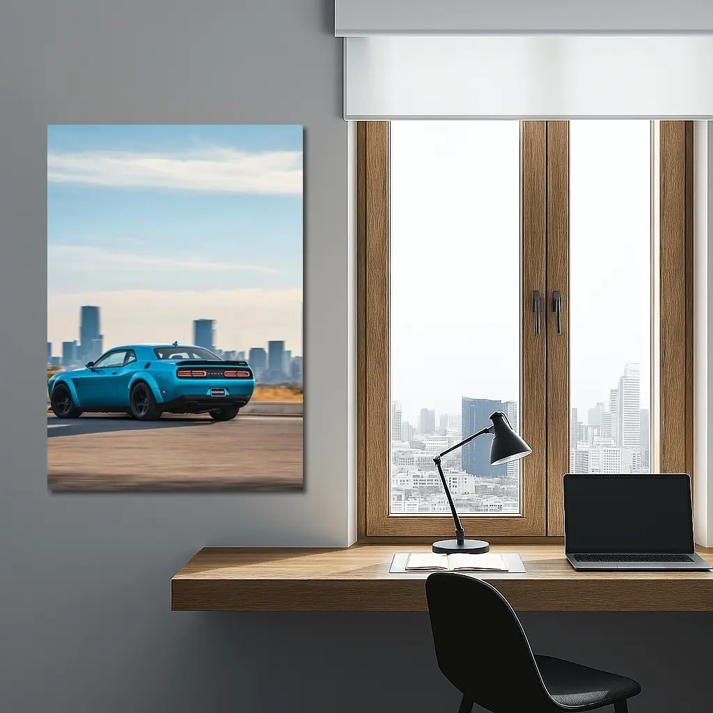 Dodge Challenger Blue Muscle Car City Skyline – Wall Art