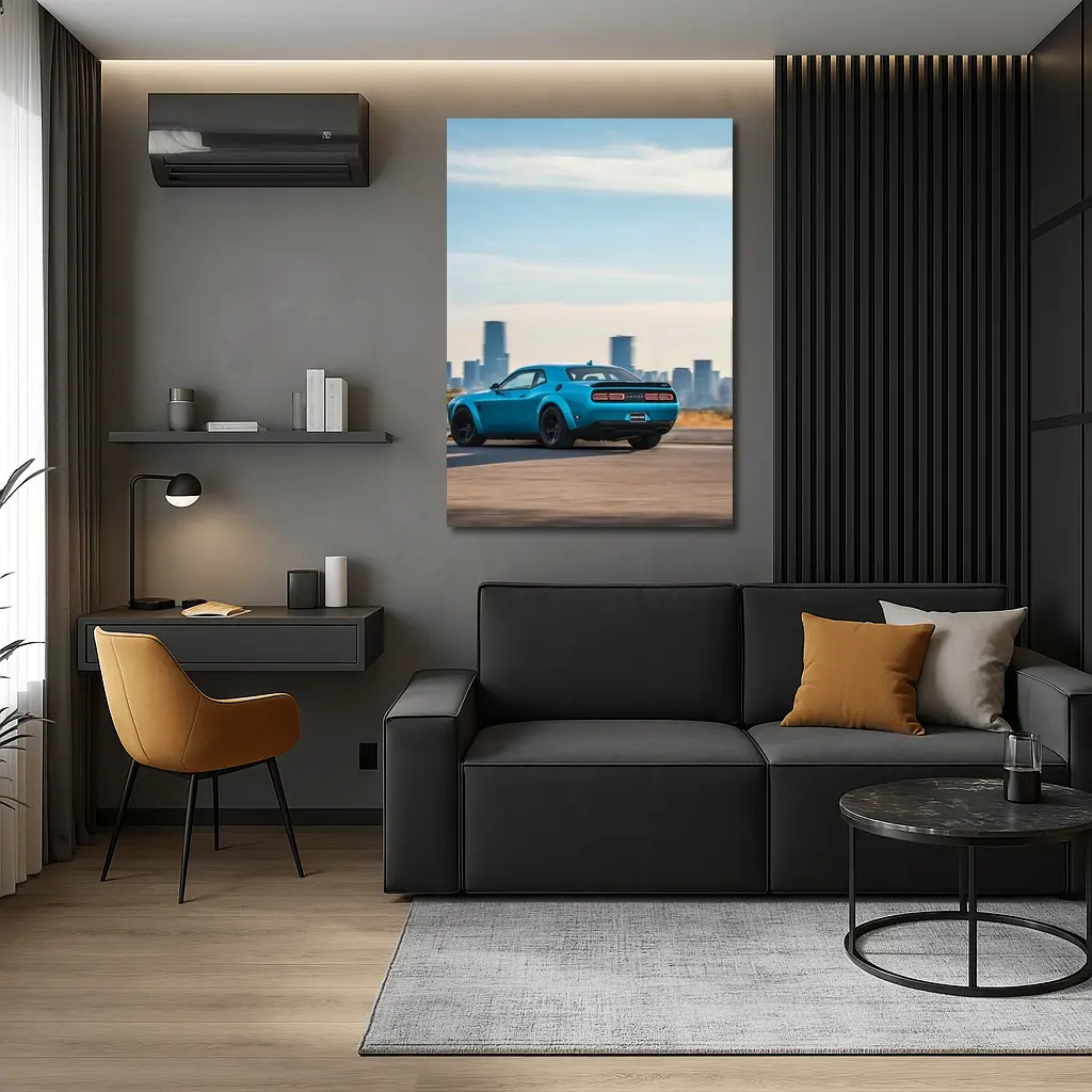 Dodge Challenger Blue Muscle Car City Skyline – Wall Art