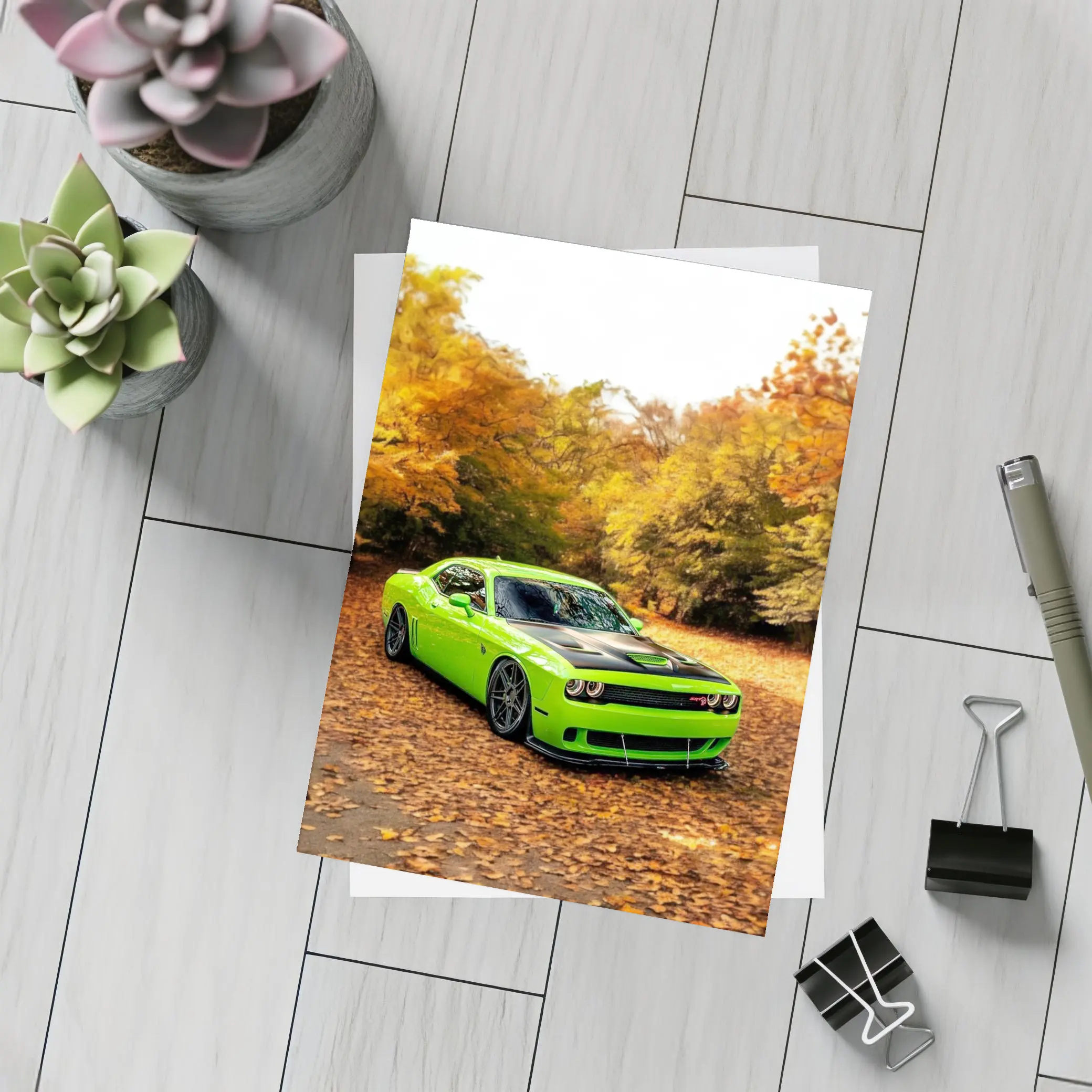 Dodge Challenger Green Muscle Car Autumn – Postcards