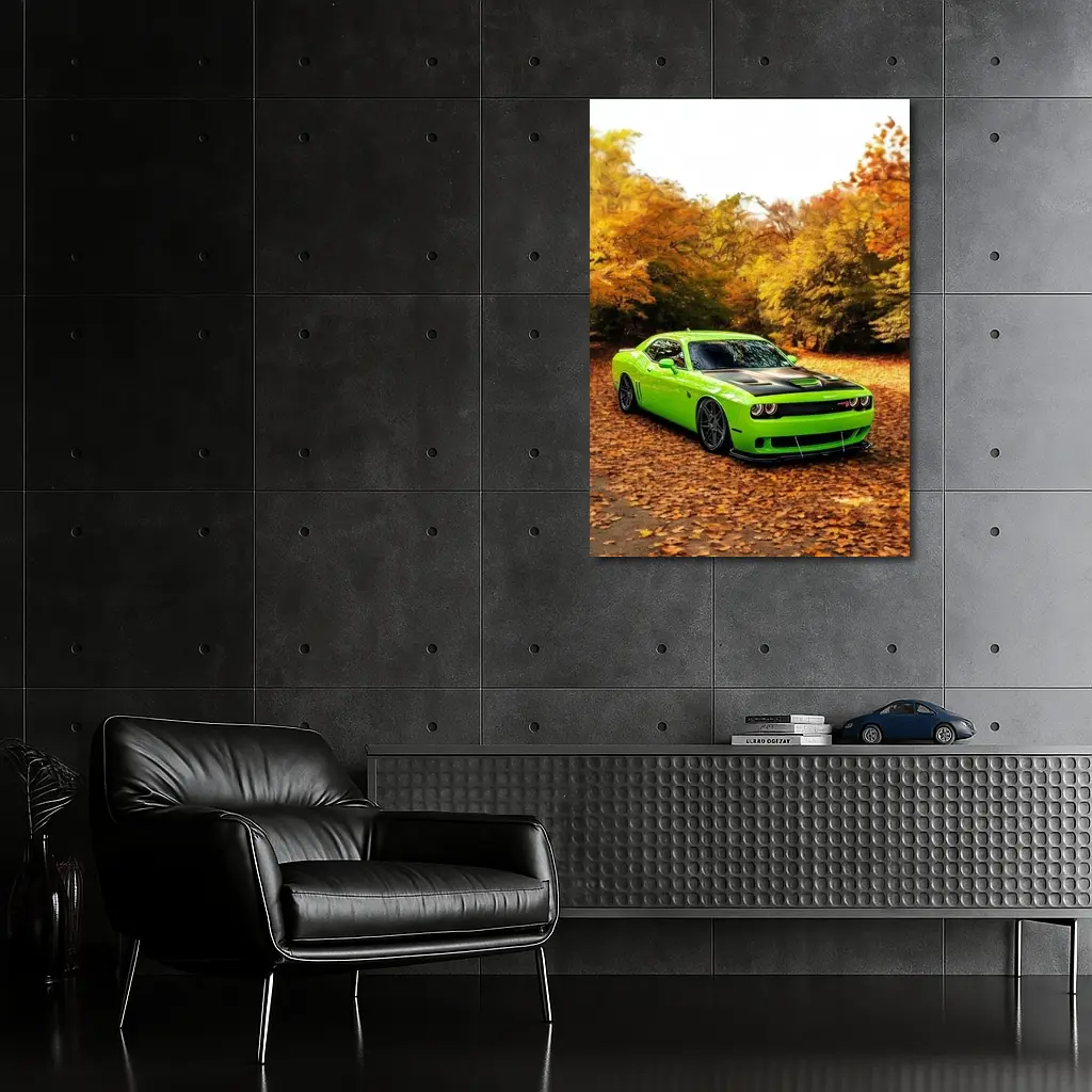 Dodge Challenger Green Muscle Car Autumn – Wall Art