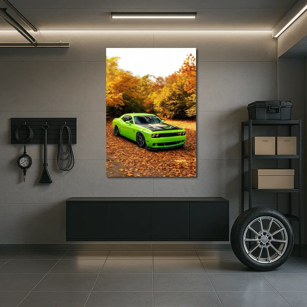 Dodge Challenger Green Muscle Car Autumn – Wall Art