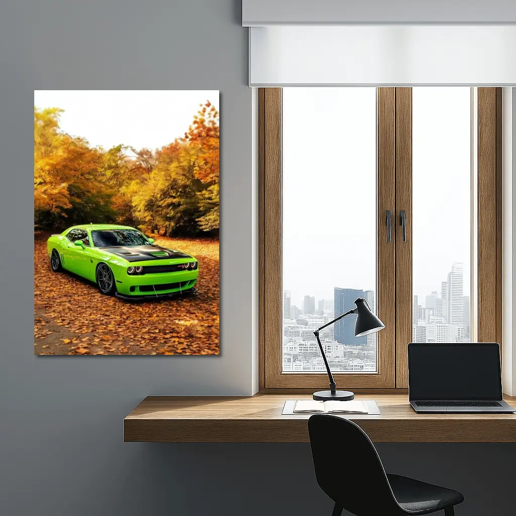 Dodge Challenger Green Muscle Car Autumn – Wall Art