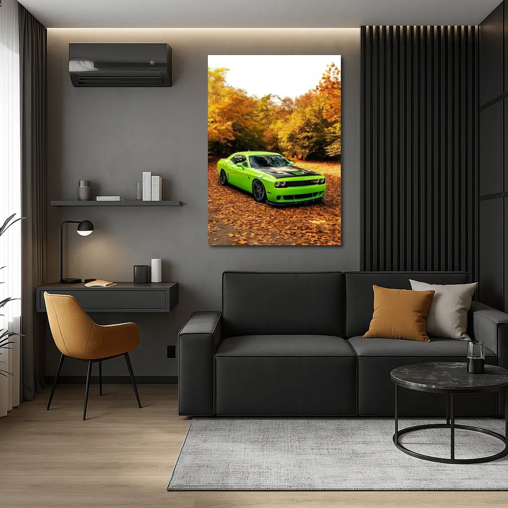 Dodge Challenger Green Muscle Car Autumn – Wall Art
