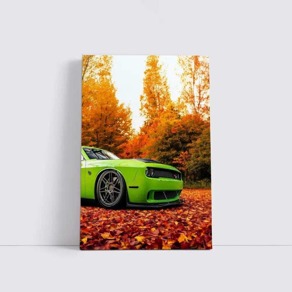 Dodge Challenger Green Muscle Car Autumn Leaves – Wall Art