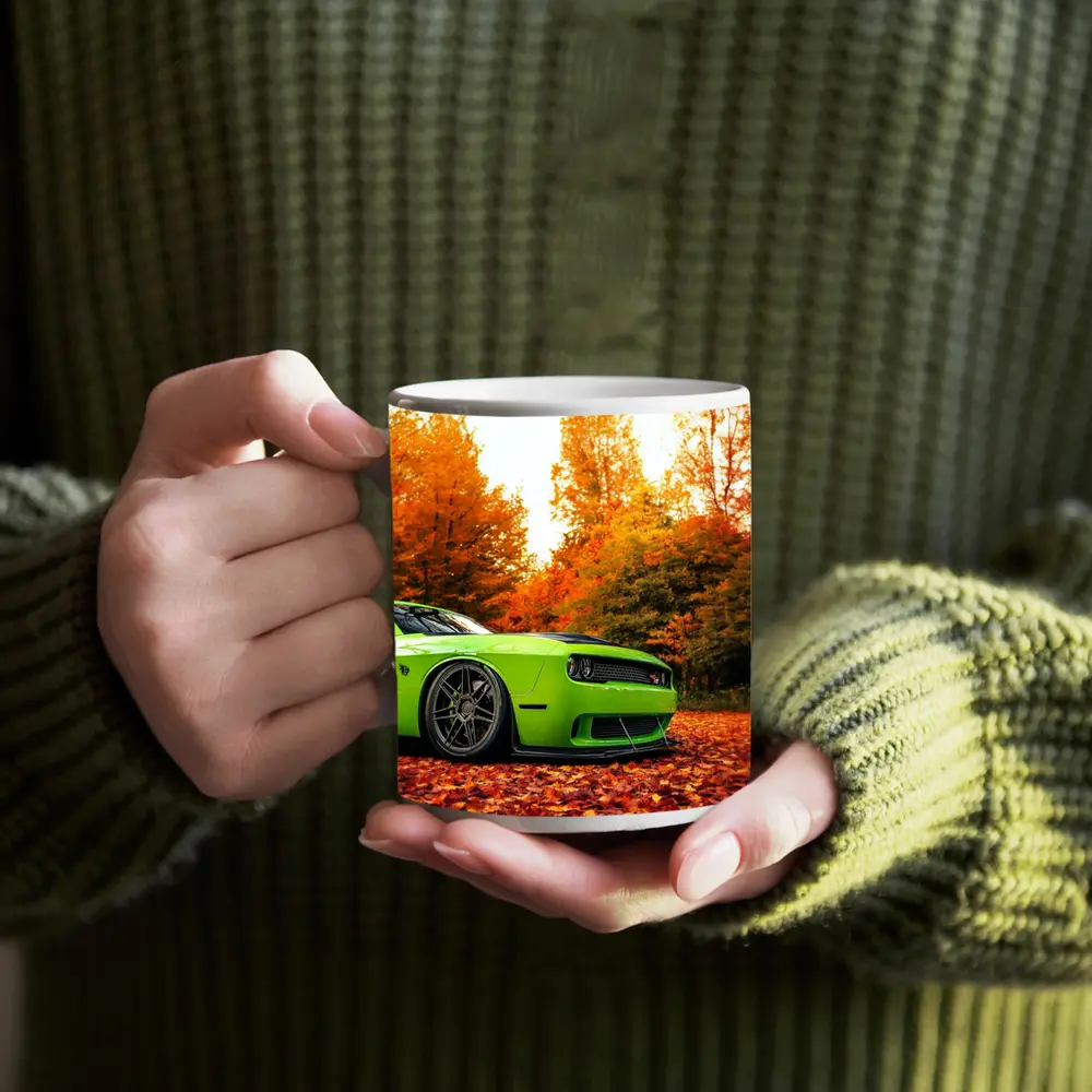 Dodge Challenger Green Muscle Car Autumn Leaves – Mugs