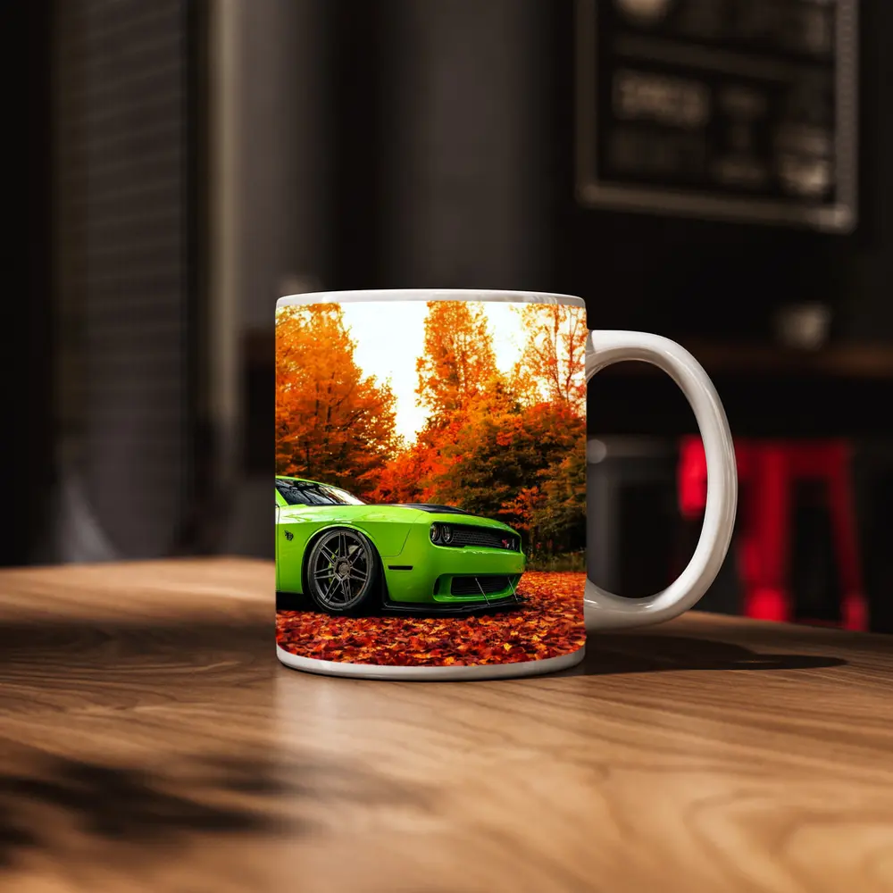 Dodge Challenger Green Muscle Car Autumn Leaves – Mugs