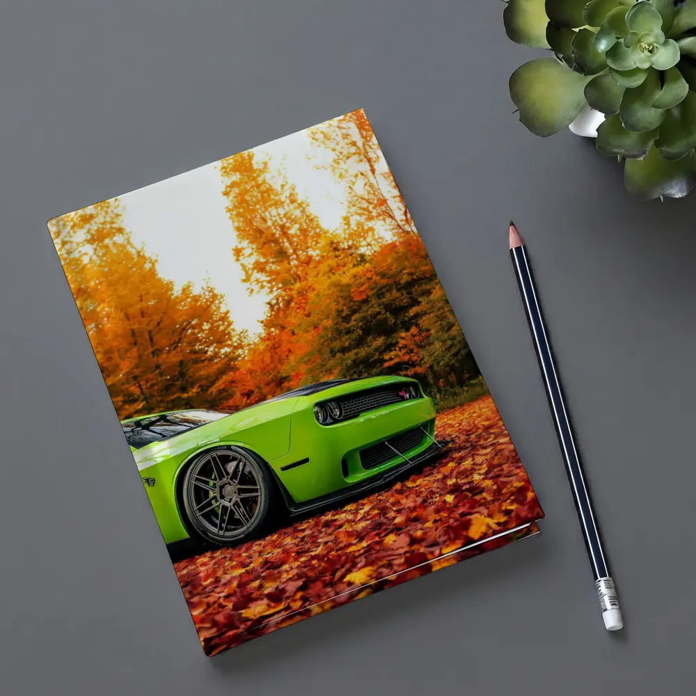 Dodge Challenger Green Muscle Car Autumn Leaves – Notebooks