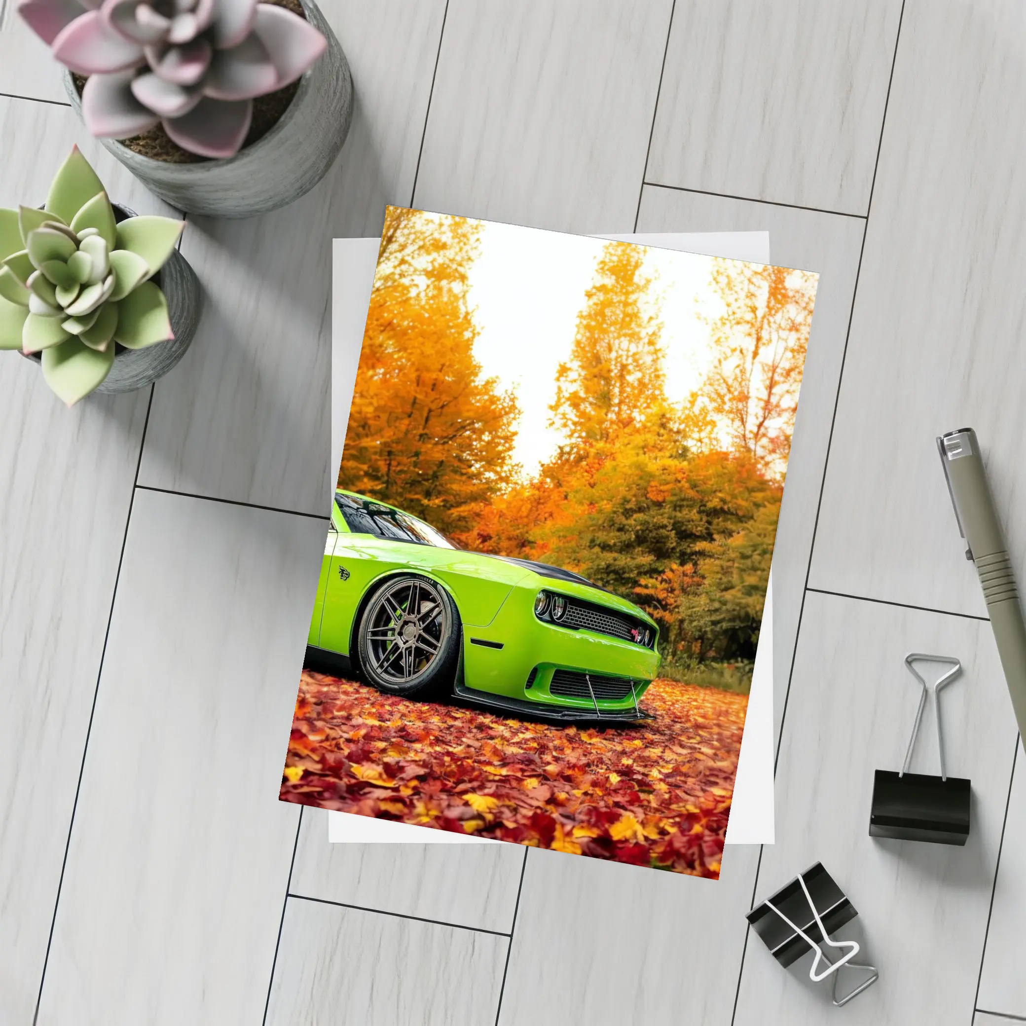 Dodge Challenger Green Muscle Car Autumn Leaves – Postcards