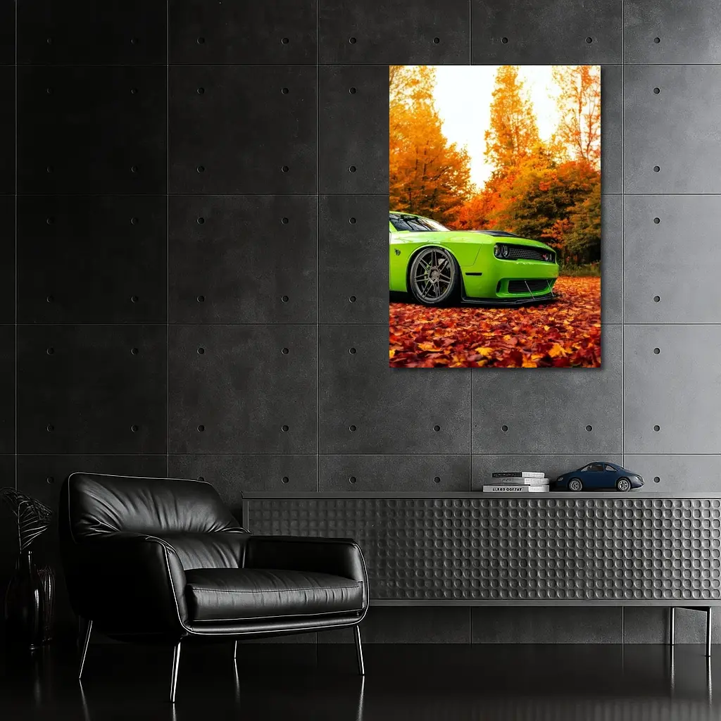 Dodge Challenger Green Muscle Car Autumn Leaves – Wall Art