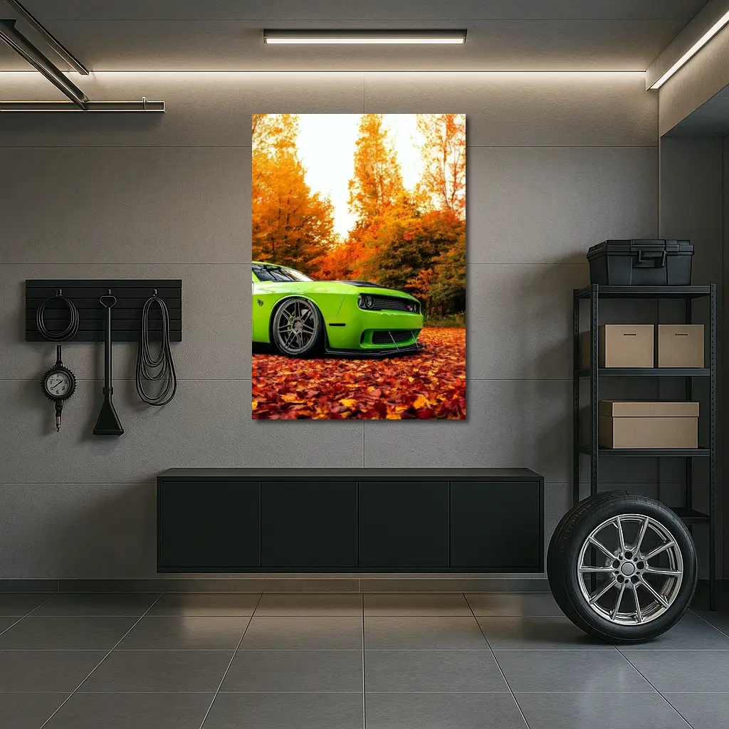 Dodge Challenger Green Muscle Car Autumn Leaves – Wall Art