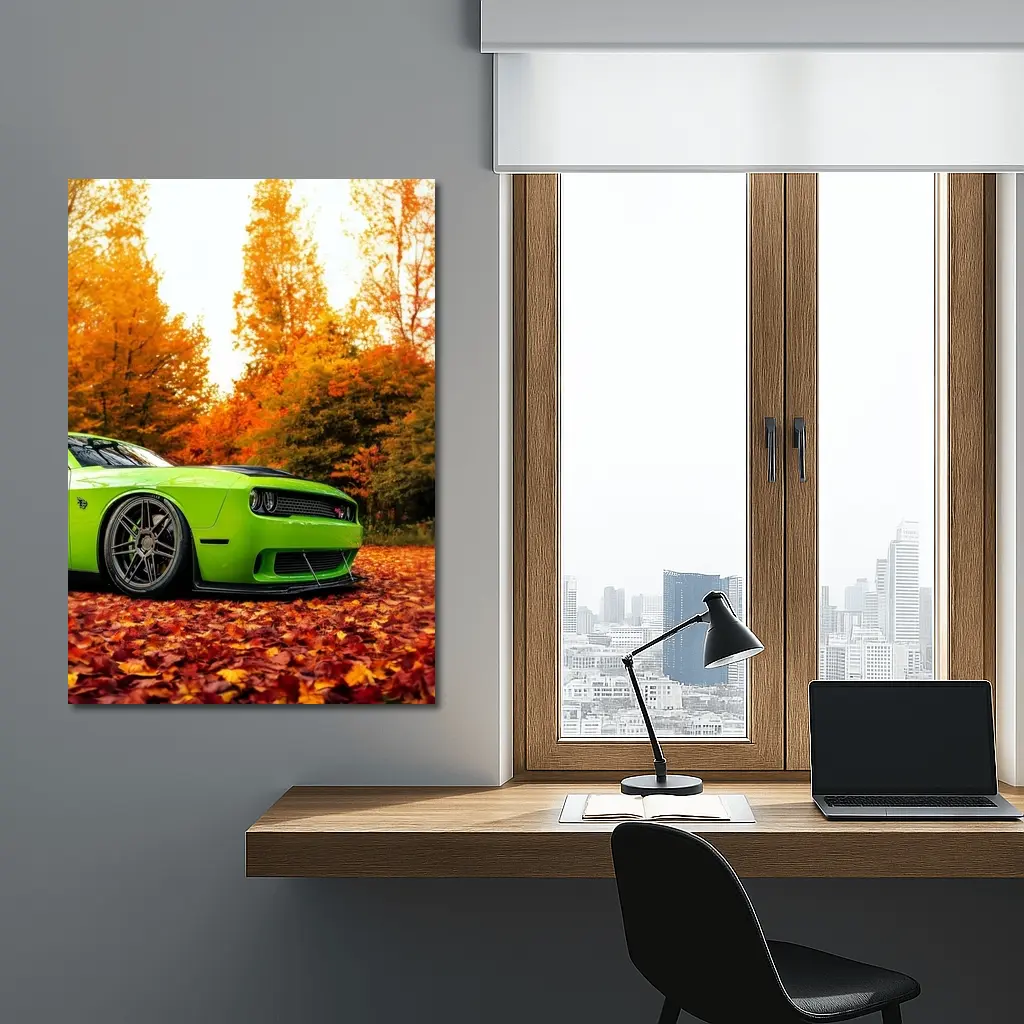Dodge Challenger Green Muscle Car Autumn Leaves – Wall Art