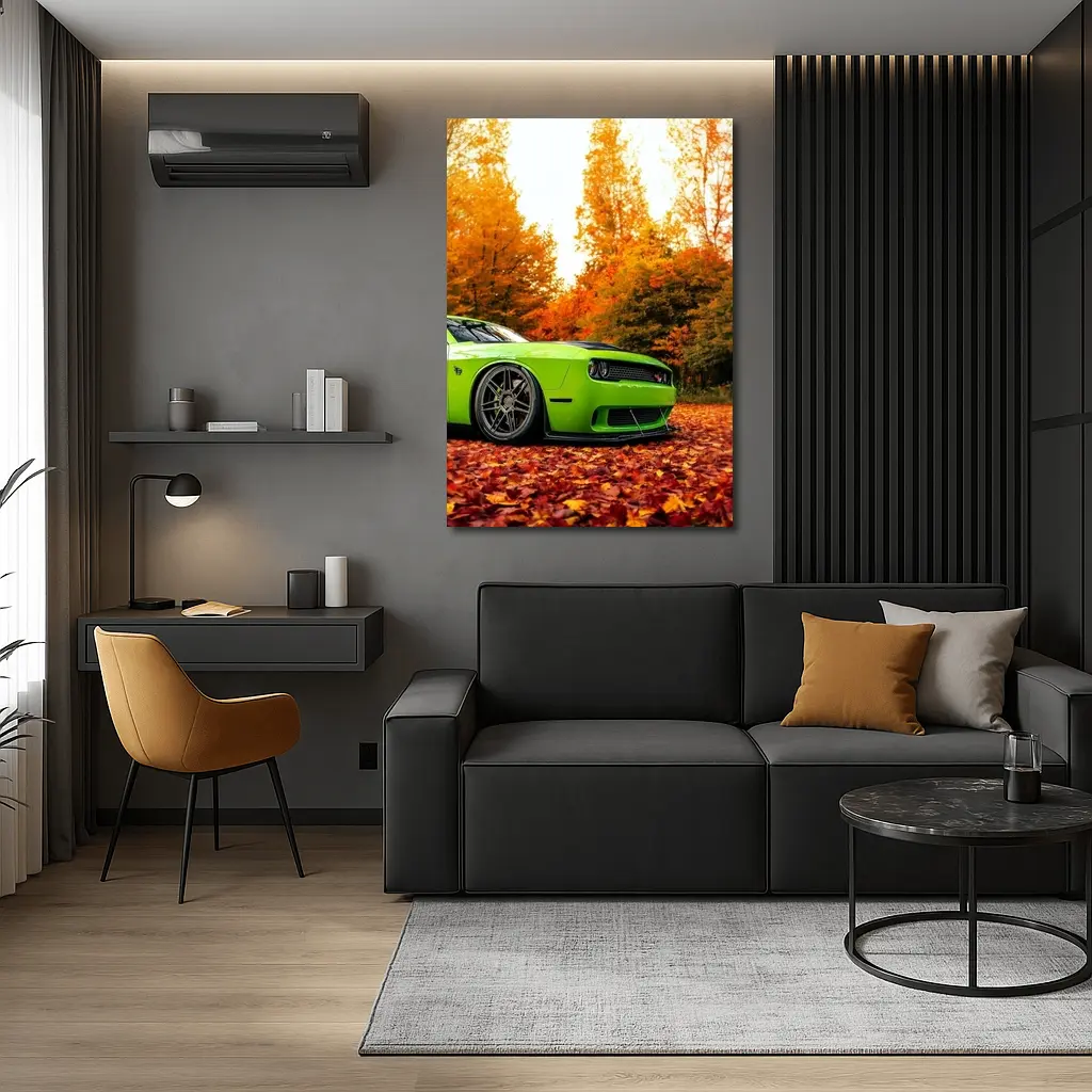 Dodge Challenger Green Muscle Car Autumn Leaves – Wall Art