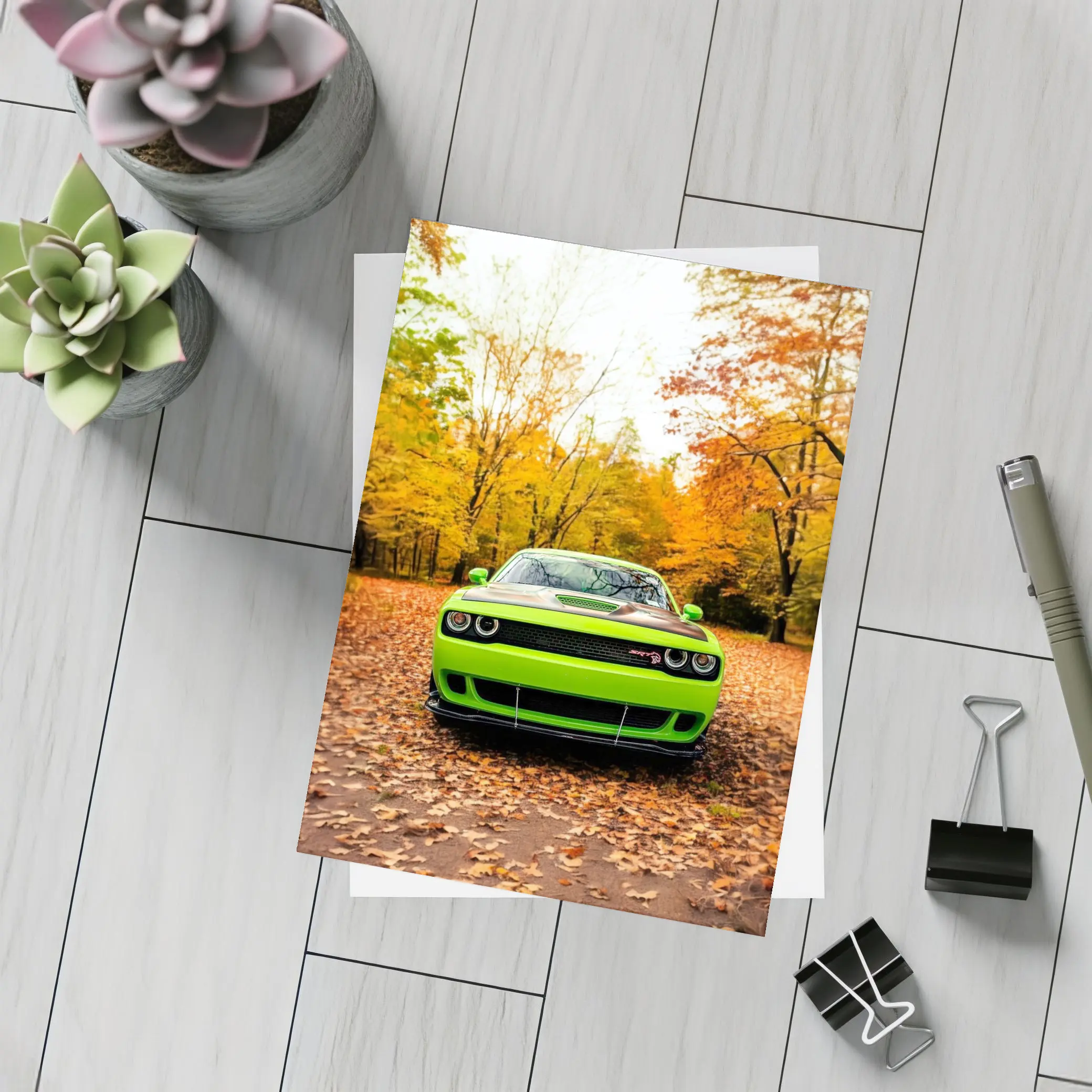 Dodge Challenger SRT Green Autumn Forest – Postcards