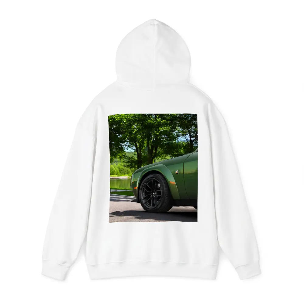 Dodge Challenger Green Parked Near Lake – Hoodies