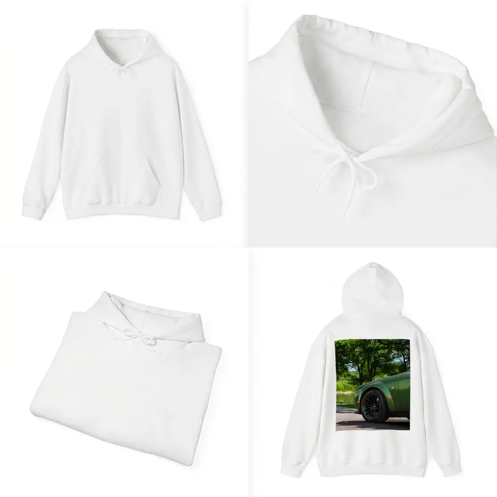 Dodge Challenger Green Parked Near Lake – Hoodies