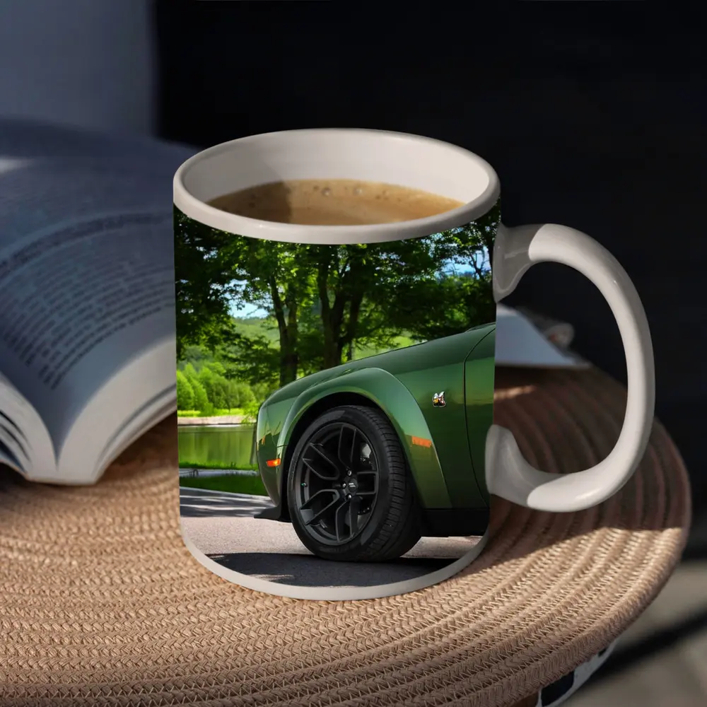Dodge Challenger Green Parked Near Lake – Mugs