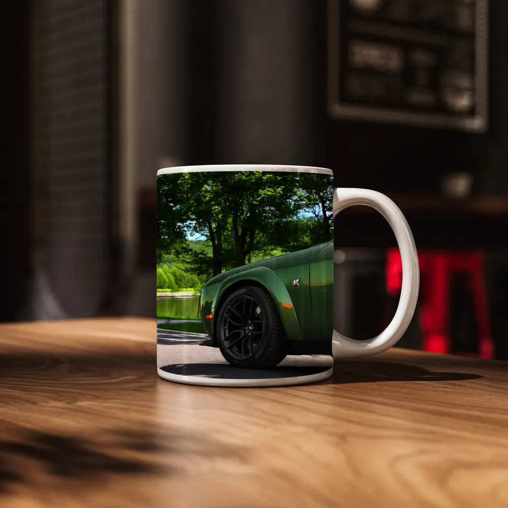 Dodge Challenger Green Parked Near Lake – Mugs