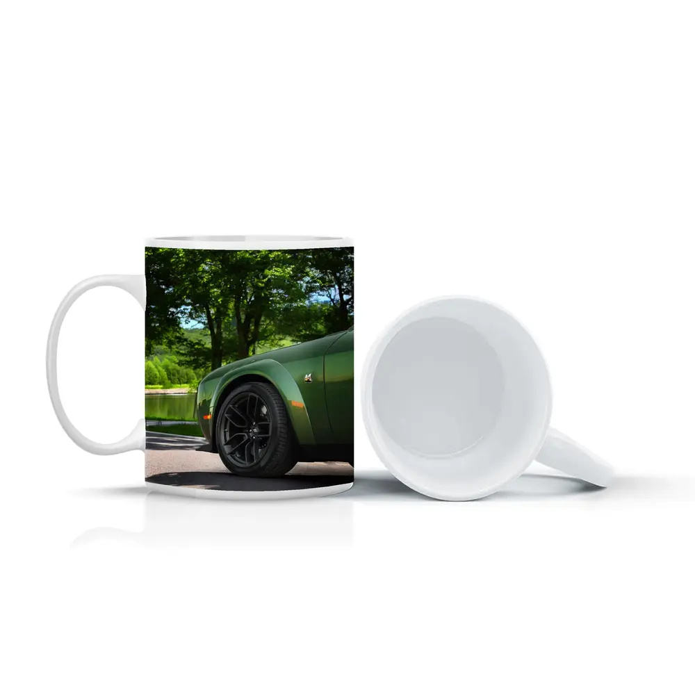 Dodge Challenger Green Parked Near Lake – Mugs