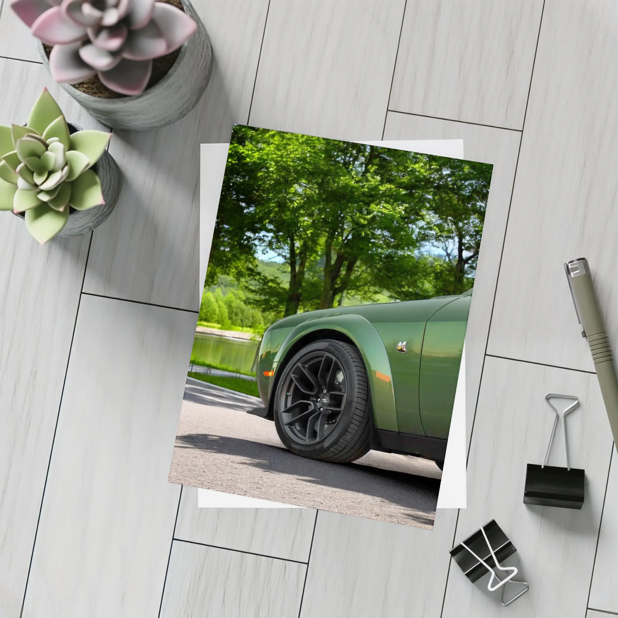Dodge Challenger Green Parked Near Lake – Postcards