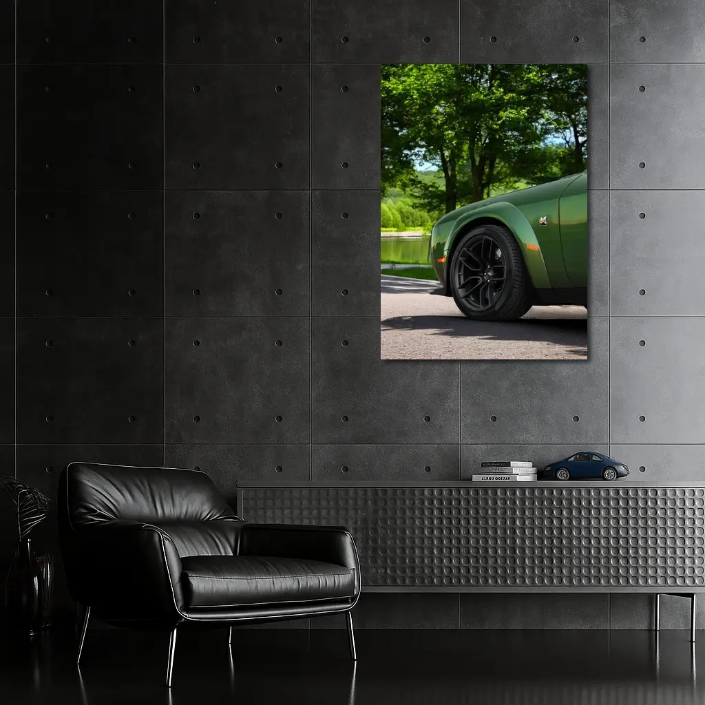 Dodge Challenger Green Parked Near Lake – Wall Art
