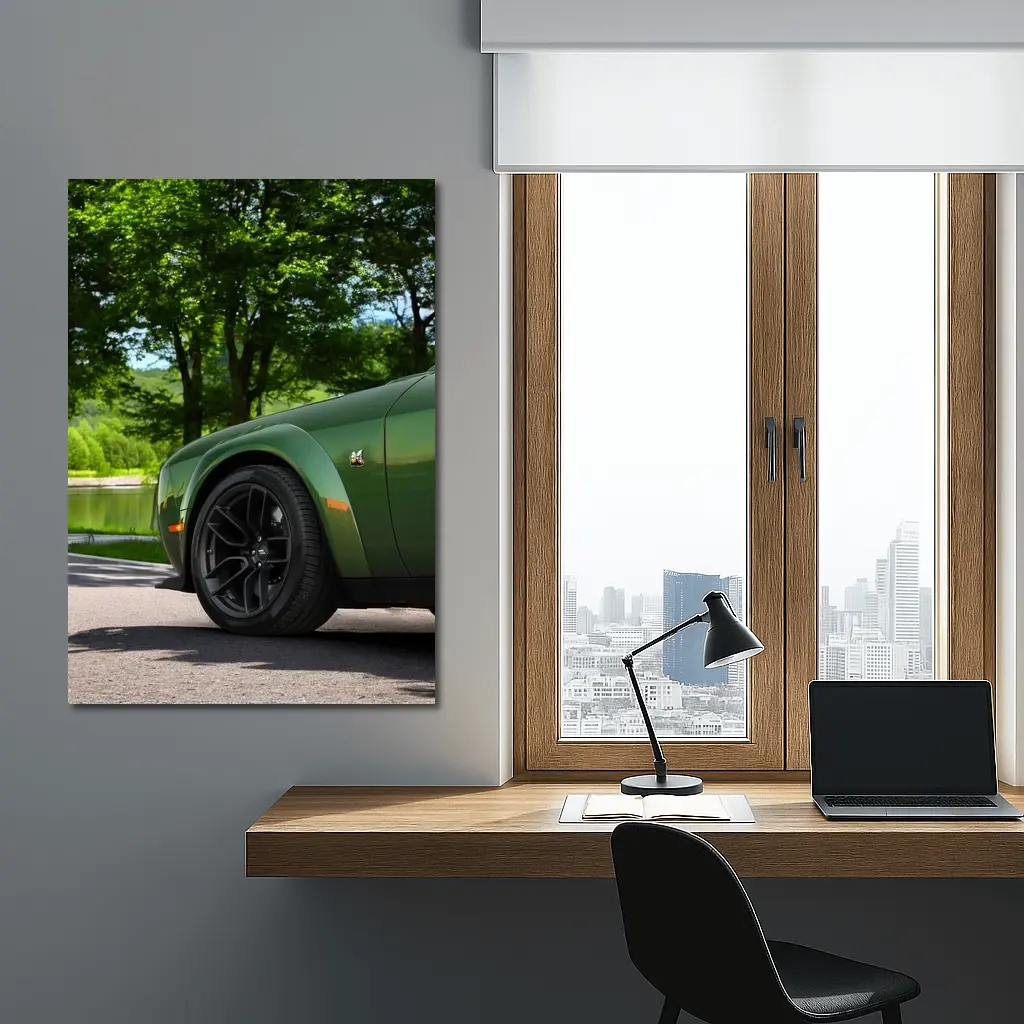 Dodge Challenger Green Parked Near Lake – Wall Art