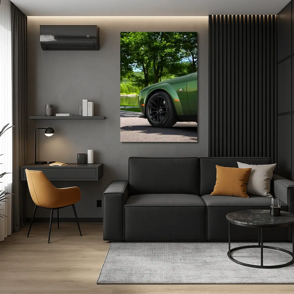 Dodge Challenger Green Parked Near Lake – Wall Art