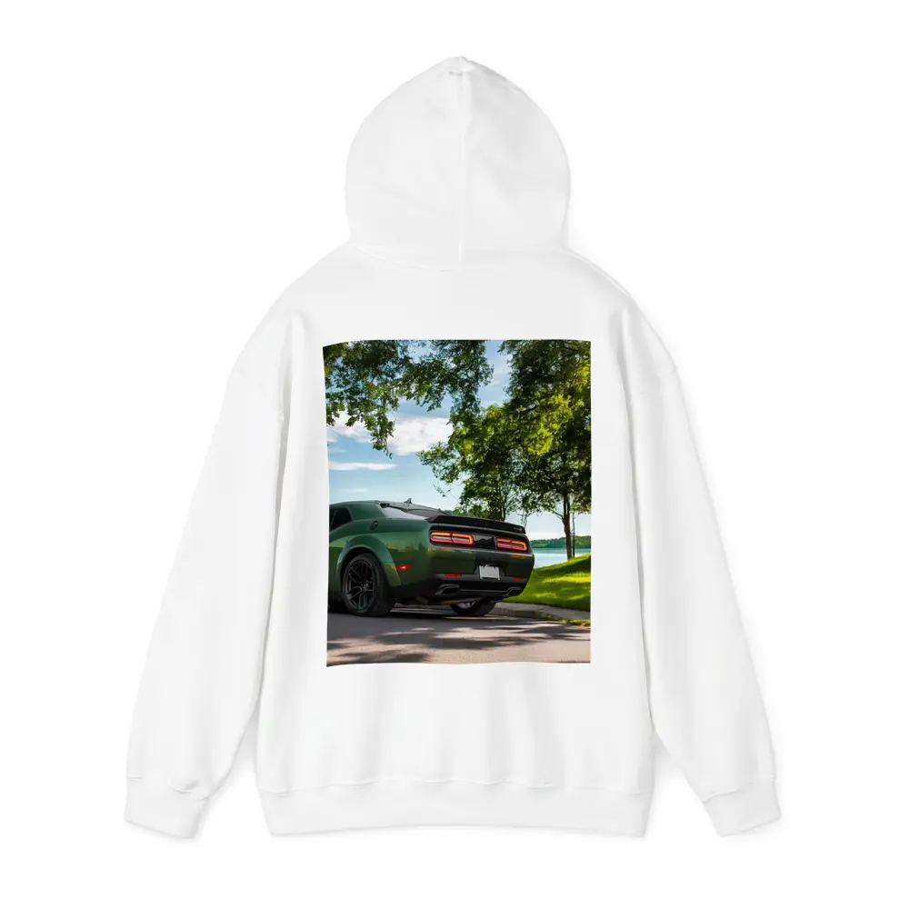 Dodge Challenger Green Parked Near Lake – Hoodies