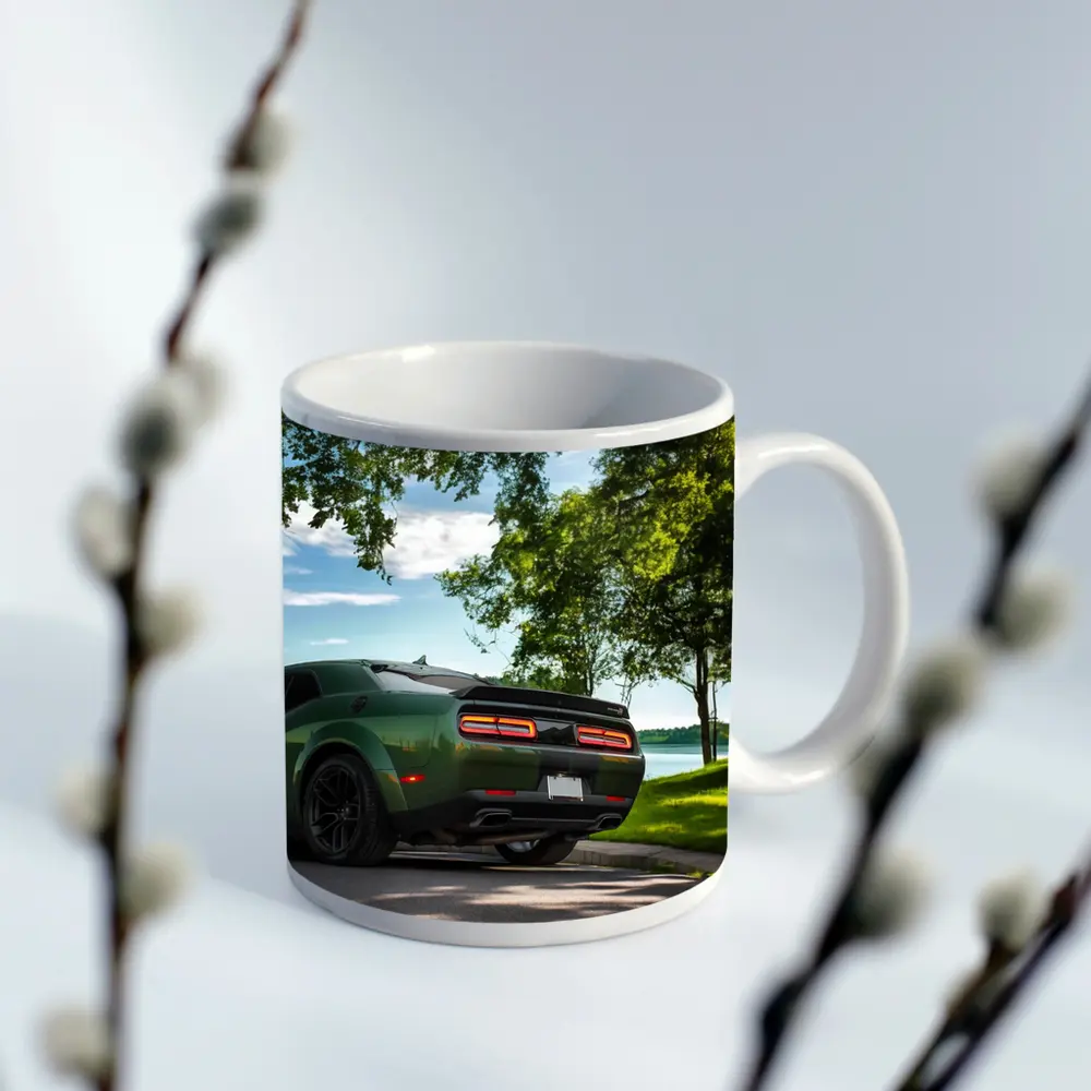Dodge Challenger Green Parked Near Lake – Mugs