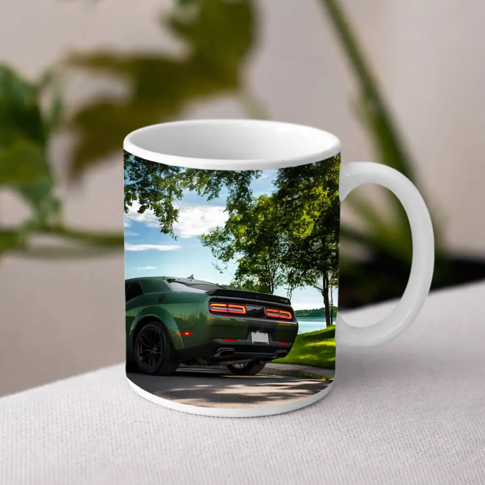 Dodge Challenger Green Parked Near Lake – Mugs