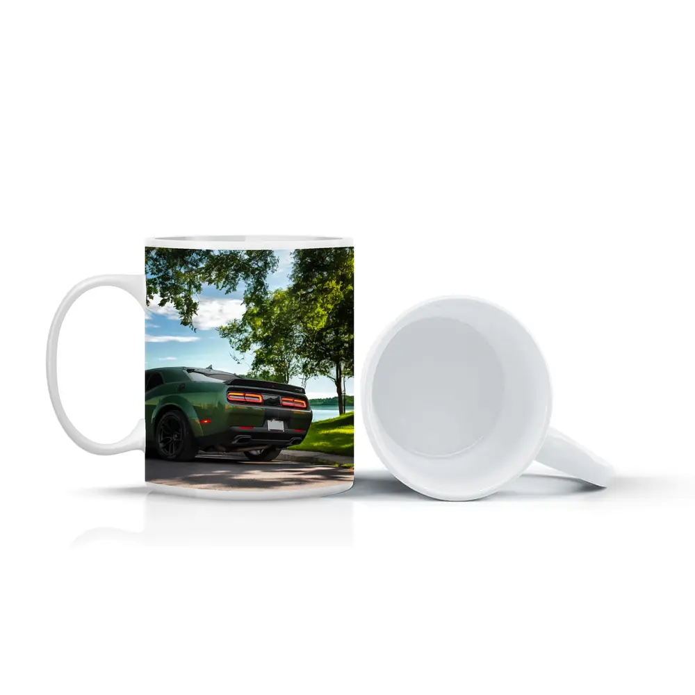 Dodge Challenger Green Parked Near Lake – Mugs