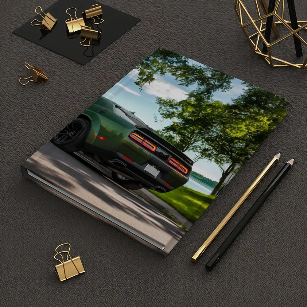 Dodge Challenger Green Parked Near Lake – Notebooks
